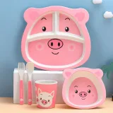 5 Pieces Pink Pig Bamboo Fiber Dinnerware Tableware Auxiliary Food Bowl Kindergarten Soup Dinner Bowl