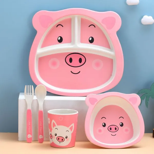 5 Pieces Pink Pig Bamboo Fiber Dinnerware Tableware Auxiliary Food Bowl Kindergarten Soup Dinner Bowl