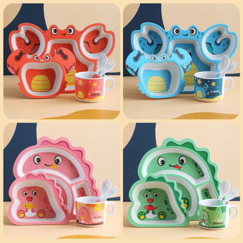 Cartoon Children 5 Pieces Tableware Crab Dinosaur Model Compartment Meal Bowl Kindergarten  Plates Cups Dowl Spoons Forks