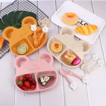 3 Piece Wheat Straw Children's Tableware Bowl Spoon Fork Bear Cartoon Tableware Set