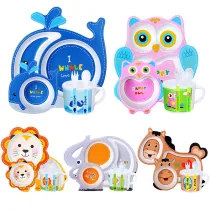 Cartoon Children 5 Pieces Tableware Animal Model Compartment Meal Bowl Kindergarten  Plates Cups Dowl Spoons Forks