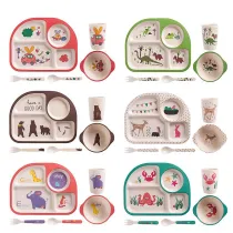 Cartoon Children 5 Pieces Tableware Animal Auxiliary Food Bowl Kindergarten  Plates Cups Dowl Spoons Forks