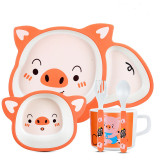 Cartoon Children 5 Pieces Tableware Animal Model Compartment Meal Bowl Kindergarten  Plates Cups Dowl Spoons Forks