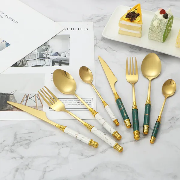 Ceramic 24 Piece Smooth Edge Stainless Steel Tableware Includes Dinner Forks Knives Spoons