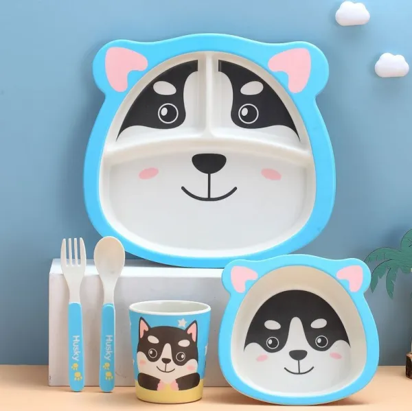 5 Pieces Blue Husky Bamboo Fiber Dinnerware Tableware Auxiliary Food Bowl Kindergarten Soup Dinner Bowl