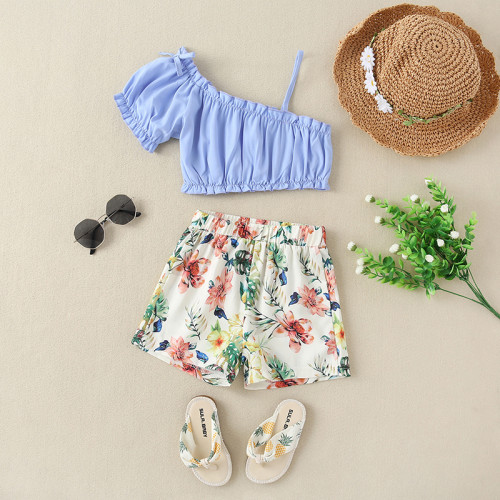 Toddler Girls Two-pieces Short Sleeve Top and Floral Shorts Set