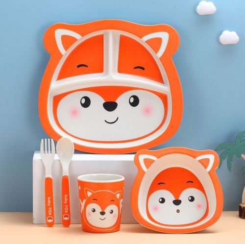 5 Pieces Orange Fox Bamboo Fiber Dinnerware Tableware Auxiliary Food Bowl Kindergarten Soup Dinner Bowl