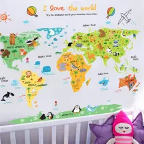 Animal World Map Bedroom Stickers Door Room Waterproof Decorative Wallpaper