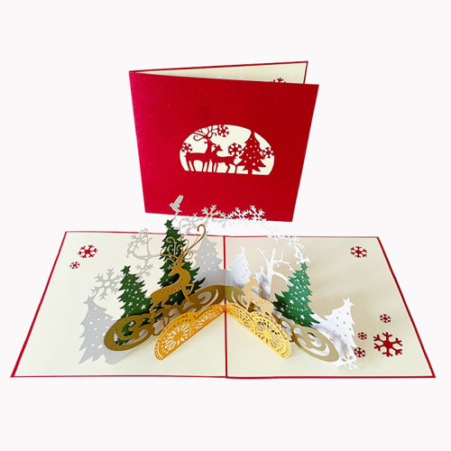 Multicolor 3D Pop Up Christmas Forest Deer Greeting Cards With Music