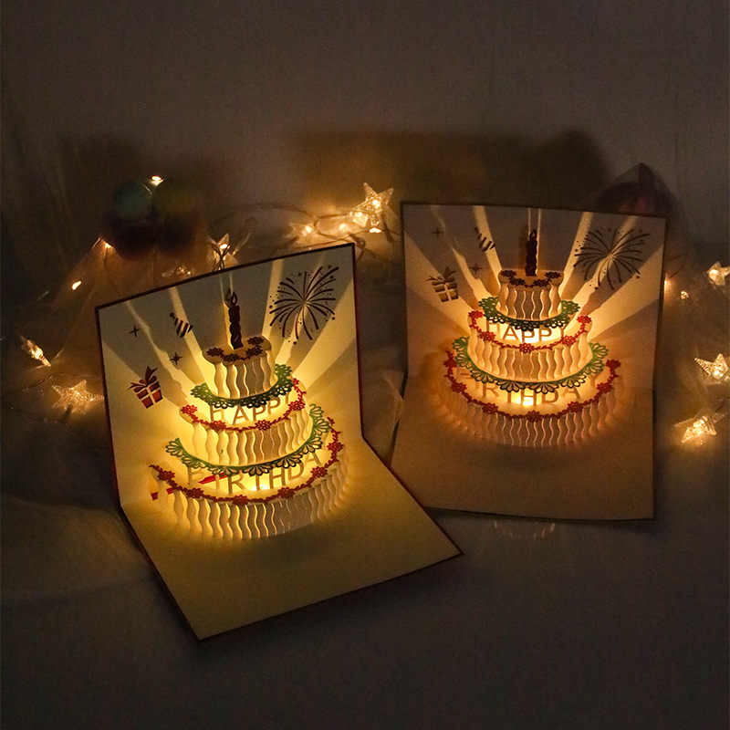 3D Pop Up LED Light Birthday Cake Greeting Gift Cards With Music