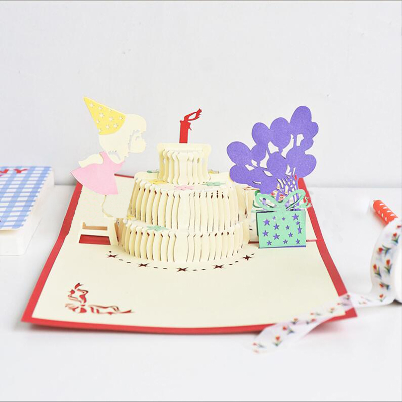 3D Pop Up Boy And Girl Blowing Candle Cake Happy Birthday Greeting Gift Cards