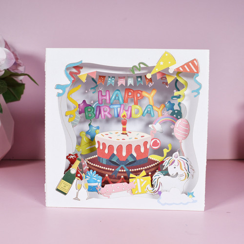 3D Pop Up Happy Birthday Slogan Cake Box Ornaments Greeting Gift Cards