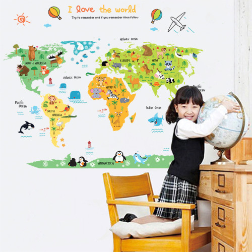 Animal World Map Bedroom Stickers Door Room Waterproof Decorative Wallpaper