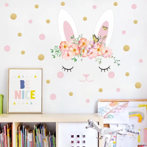 Flowers Pink Rabbit Bedroom Stickers Door Room Waterproof Decorative Wallpaper