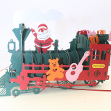 Merry Christmas 3D Pop Up Santa Green Train Greeting Cards
