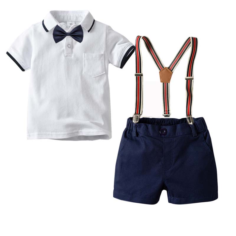 3PCS Boys Outfits  Polo Shirt and Suspender Shorts Dressy Up Clothes