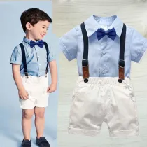 3PCS Boys Outfits  Short Sleeves Shirt and Suspender White Shorts Dressy Up Set