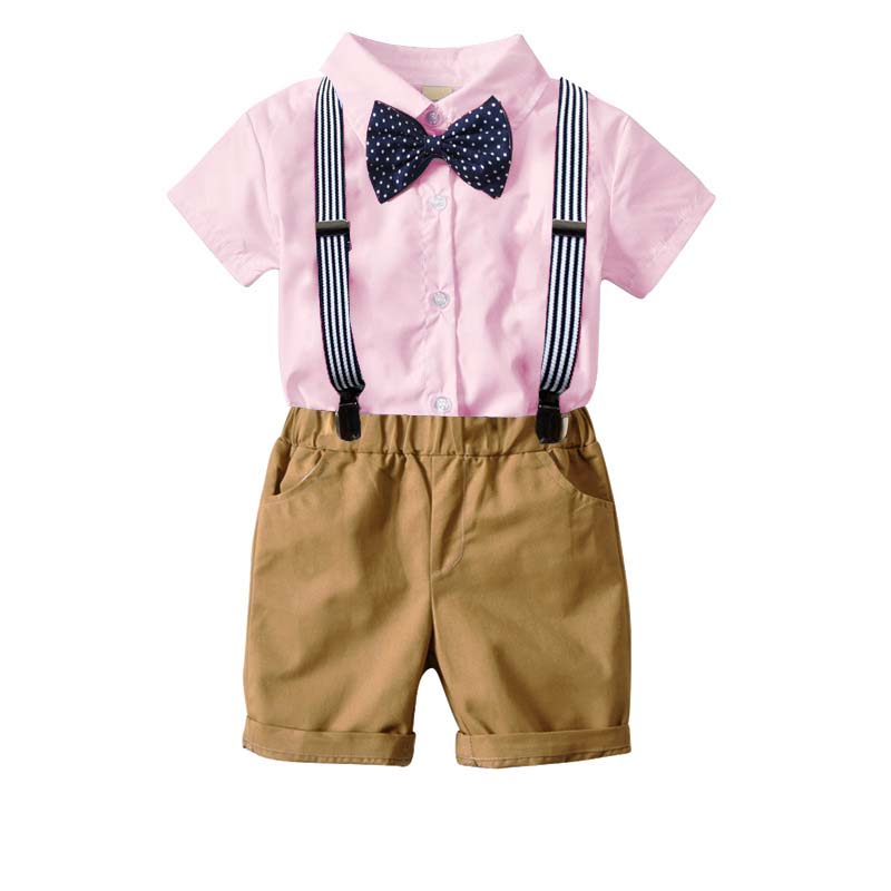 3PCS Boys Outfits  Short Sleeves Shirt and Suspender Khaki Shorts Dressy Up Set