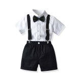 3PCS Boys Outfits  Short Sleeves Shirt and Suspender Black Shorts Dressy Up Set