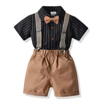 3PCS Boys Outfits  Short Sleeves Shirt and Suspender Khaki Shorts Dressy Up Clothes