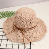 Women Handmad Straw Sunhat Wide Brim Beach Hollow Hat-C