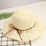 Women Handmad Straw Sunhat Wide Brim Beach Hollow Hat-C