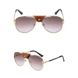 Sunglasses Leather Bridge Retro Round Lens Aviator Mirrored Eyewear