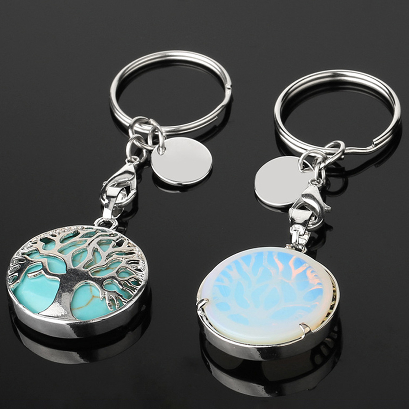 Keychain Gemstone Clear Quartz Tree of Life Engraved Stainless Steel Keyring