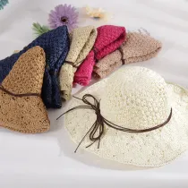 Women Handmad Straw Sunhat Wide Brim Beach Hollow Hat-A