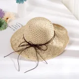 Women Handmad Straw Sunhat Wide Brim Beach Hollow Hat-A