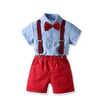 3PCS Boys Outfits  Short Sleeves Shirt and Suspender Shorts Dressy Up Set
