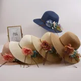 Women Flowers Straw Sunhat Beach Wide Brim Bucket Hat