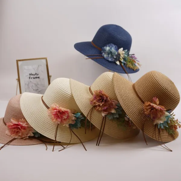 Women Flowers Straw Sunhat Beach Wide Brim Bucket Hat