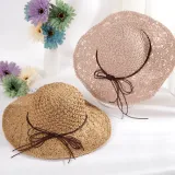 Women Handmad Straw Sunhat Wide Brim Beach Hollow Hat-A