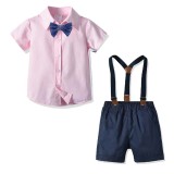 3PCS Boys Outfits  Short Sleeves Shirt and Suspender Shorts Dressy Up Clothes