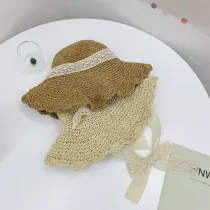 Women Lace Bow Sunhat Wide Brim Beach Straw Hat