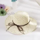 Women Handmad Straw Sunhat Wide Brim Beach Hollow Hat-A