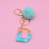 Resin Alphabet Initial Letter Keychain for Women Grils Purse Handbags with Fur Ball Pom