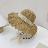 Women Lace Bow Sunhat Wide Brim Beach Straw Hat