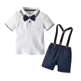 3PCS Boys Outfits  Short Sleeves Shirt and Suspender Shorts Dressy Up Baby Climb Clothes