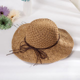 Women Handmad Straw Sunhat Wide Brim Beach Hollow Hat-A