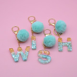 Resin Alphabet Initial Letter Keychain for Women Grils Purse Handbags with Fur Ball Pom