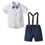 3PCS Boys Outfits  Short Sleeves Shirt and Suspender Shorts Dressy Up Clothes