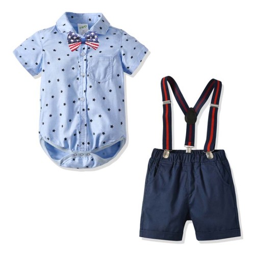 3PCS Boys Outfits Short Sleeves Shirt and Suspender Shorts Dressy Up Baby Climb Clothes