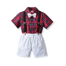 3PCS Boys Outfits  Short Sleeves Shirt and Suspender White Shorts Dressy Up Set