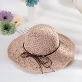 Women Handmad Straw Sunhat Wide Brim Beach Hollow Hat-A