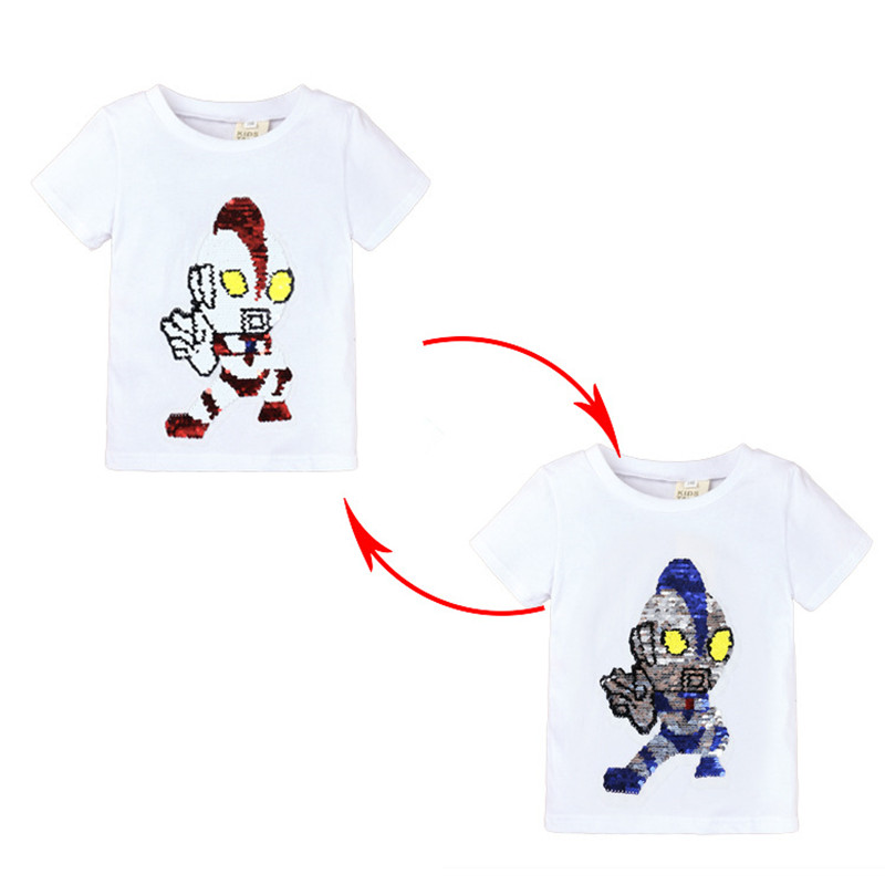 Kids Boys Flip Switchable Ultraman Printed Short Sleeve T-shirts