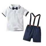 3PCS Boys Outfits  Polo Shirt and Suspender Shorts Dressy Up Clothes