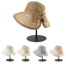 Foldable Wide Brim Floppy Top Bucket Hat Bow Straw Sunhat