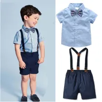 3PCS Boys Outfits  Short Sleeves Shirt and Suspender Shorts Dressy Up Clothes